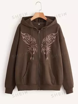 LUNE Plus Толстовка, узор бабочка, застежка-молния, заниженная линия плеча, кулиска, теплая подкладка Shein, кофейно-коричневый