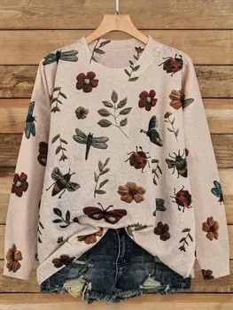 LUNE Полосатый кардиган-свитер Растительность и насекомые Для больших размеров, повседневные, подходят на весну/осень Shein, кремовый/бежевый