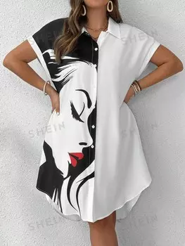 LUNE Портрет Красные губы и вид сбоку Воротник на пуговицах с короткими рукавами и цветными блоками Платье больших размеров Платье Shein, черно-белый