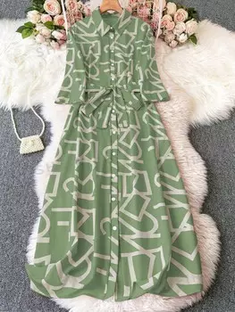 LUNE Повседневное Длинное платье-рубашка больших размеров с застежкой на пуговицы спереди и буквенным принтом. весна/лето Shein, мятно-зеленый