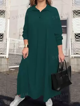 LUNE Повседневное однобортное Однотонное платье больших размеров с Длинными рукавами Shein, темно-зеленый