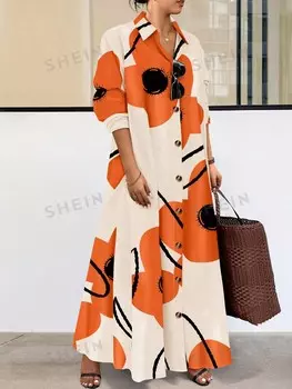 LUNE Повседневное платье с Длинными рукавами и случайным принтом на пуговицах спереди, размер большого размера Shein, апельсиновый