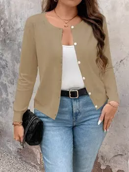 LUNE Простой стильный кардиган-свитер для женщин больших размеров, однотонный на каждый день Shein, хаки