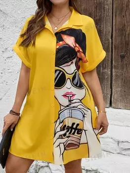 LUNE, ярко-желтое платье-рубашка больших размеров с милой формой лица для девочек Shein, желтый