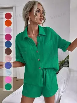 LUNE Рубашка с заниженными плечами, двойными карманами и шорты Shein, зеленый