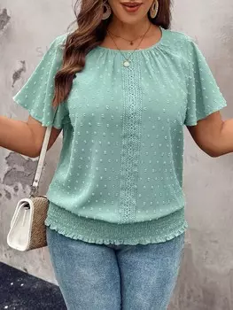 LUNE Свободная рубашка с круглым вырезом и кружевным декором, с короткими рукавами и эластичным подолом размера плюс Shein, зеленый