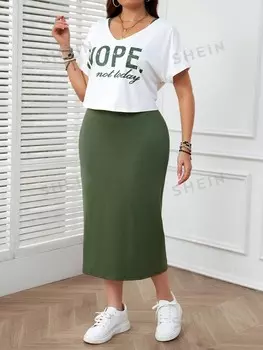 LUNE Топ размера плюс с буквенным узором и Однотонное платье без рукавов из двух частей Shein, мультиколор