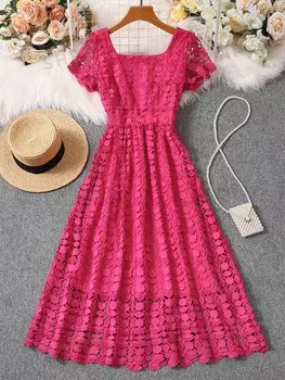 LUNE Яркое кружевное платье трапециевидного силуэта для женщин, летнее Shein, фуксия