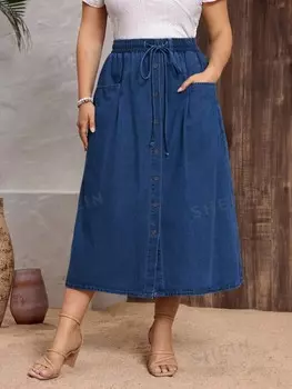 LUNE Женская джинсовая юбка больших размеров с завязками на талии и накладными карманами Shein, тёмно-синий