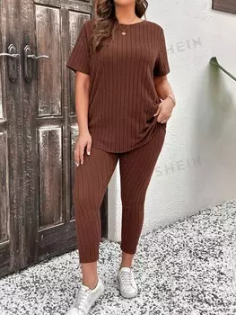 LUNE, Женская футболка размера плюс, летняя однотонная футболка с короткими рукавами и круглым вырезом в рубчик и брюки, повседневный повседневный комплект из двух предметов Shein, коричневый