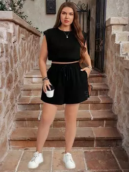 LUNE Женская однотонная майка больших размеров и шорты с завязками на талии больших размеров Shein, черный