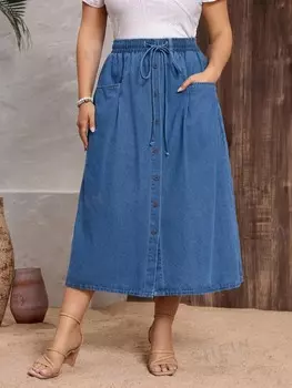 LUNE Женская однотонная повседневная джинсовая юбка больших размеров в простом стиле Shein, тёмно-синий