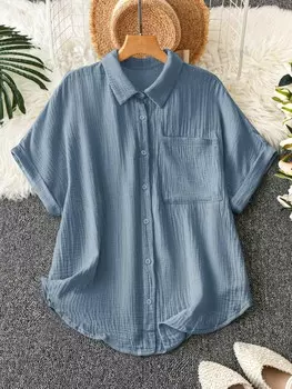 LUNE Женская однотонная повседневная рубашка больших размеров с короткими рукавами Shein, пастельно-синий