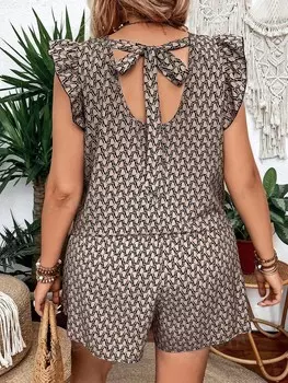 LUNE Женская рубашка и шорты с длинными рукавами и шортами больших размеров с геометрическим принтом, лето Shein, хаки