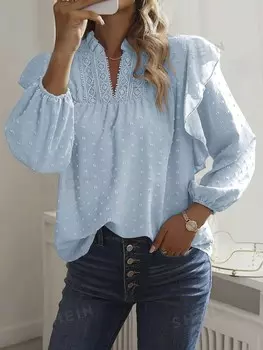 LUNE Женская рубашка с вырезом под горло Манжеты украшены оборками, рюшами по краям и тканью со швейцарским точечным узором Shein, синий