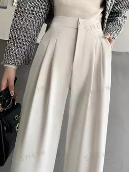 LUNE Женские простые однотонные повседневные брюки больших размеров больших размеров Shein, кремовый/бежевый