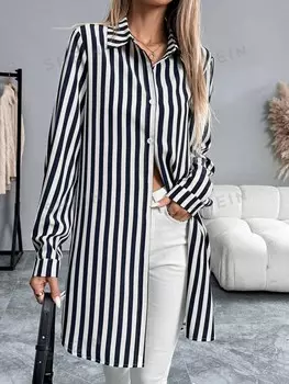 LUNE Женские рубашки рукава половинной длины Цветные блоки и полосы Для ношения весной и осенью Shein, синий/белый