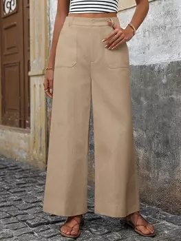 LUNE Женские широкие брюки с высокой талией и карманами, белые Shein, хаки