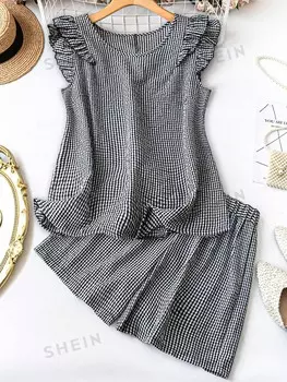 LUNE Женский клетчатый пиджак с короткими рукавами и шорты больших размеров, летний комплект из двух предметов Shein, черно-белый