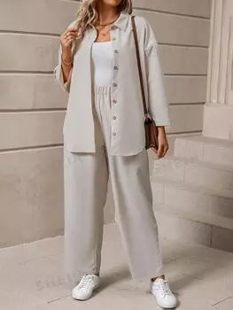 LUNE Женский комплект из рубашки и брюк больших размеров, с открытыми плечами, длинный рукав Shein, абрикосовый