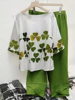 LUNE Женский комплект из рубашки и брюк больших размеров, четырехлистный клевер, круглый вырез горловины Shein, зеленый