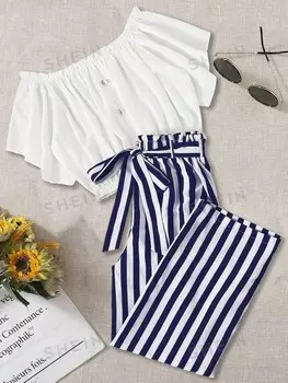 LUNE Женский комплект из топа с открытыми плечами с короткими рукавами и брюк в полоску больших размеров со складками Shein, синий/белый