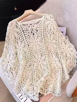 LUNE Женский комплект классической рубашки, цветочный узор, круглый вырез, свободные рукава «летучая мышь», для весны и лета Shein, кремовый/бежевый