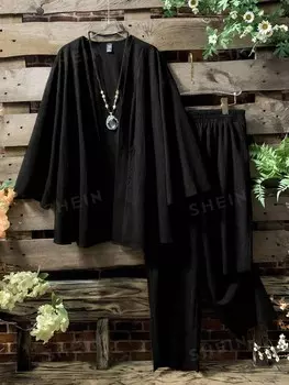 LUNE Женский однотонный повседневный топ с длинными рукавами и длинные брюки больших размеров, комплект из двух предметов Shein, черный