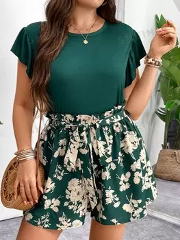 LUNE Женский однотонный топ больших размеров с круглым вырезом, оборками по краю и шортами с цветочным принтом, комплект из двух предметов Shein, зеленый