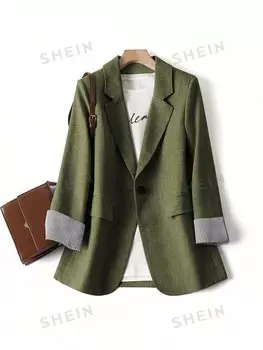 LUNE Женский пиджак с длинным рукавом, воротник, серая полоска, пэчворк Shein, зеленый