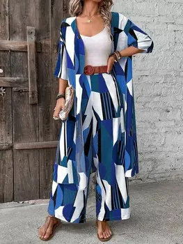 LUNE Женский праздничный комплект из двух предметов с длинным топом контрастного цвета и широкими брюками Shein, синий