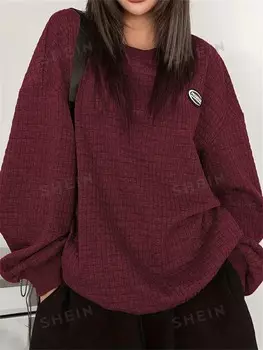 LUNE Женский пуловер больших размеров, нашивка с надписью, круглый вырез Shein, белый/бордовый