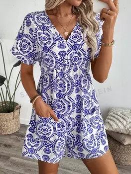 LUNE Женский сине-белый короткий комбинезон с фарфоровым принтом Shein, синий/белый