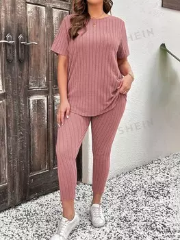 LUNE Женский стильный однотонный однотонный комплект с короткими рукавами и длинными брюками с вертикальным разрезом размера плюс Shein, пастельно-розовый