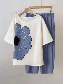 LUNE Женский топ больших размеров с короткими рукавами с принтом и однотонные брюки, комплект из двух предметов Shein, синий