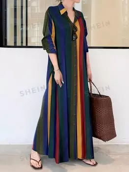 LUNE Женское Длинное платье-рубашка в клетку с цветными блоками в полоску и на пуговицах спереди Shein, мультиколор