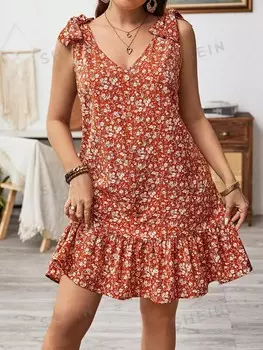LUNE Женское летнее платье больших размеров, красный край с цветочным принтом в стиле ретро и оборками, короткое платье без рукавов с v-образным вырезом, бант на плечах Shein, красный