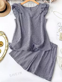 LUNE Женское Летнее платье больших размеров из двух частей, рубашка с круглым вырезом, пышные рукава, клетчатый принт и шорты, удобные и свободные Shein, темно-синий