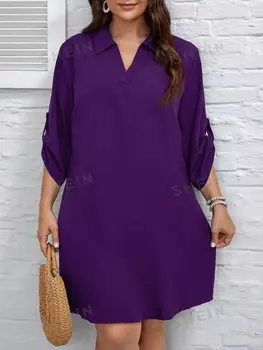 LUNE Женское Однотонное прямое повседневное платье с отложным воротником и отложным воротником больших размеров на весну/лето Shein, фиолетовый