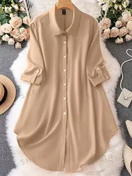 LUNE Женское платье больших размеров, Однотонное, на пуговицах, с рукавом до половины, с воротником Shein, хаки