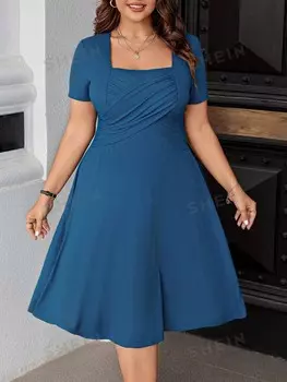 LUNE Женское платье больших размеров, со складками, с квадратным вырезом Shein, синий