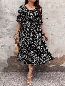 LUNE Женское платье больших размеров, цветочный принт, круглый вырез Shein, черный
