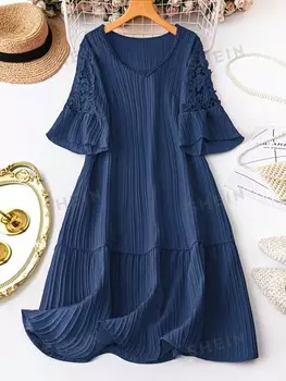 LUNE Женское платье, большого размера, Однотонное, обычное, повседневное, с коротким рукавом Shein, темно-синий