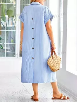 LUNE Женское простое повседневное платье больших размеров в полоску с принтом Shein, синий