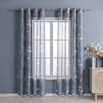 Люверсы для штор Joyswahl, современная штора-вуаль (1 шт.) с ботаническим узором, прозрачная, для спальни, гостиной, серая, В x Ш 225 x 140 см, серый
