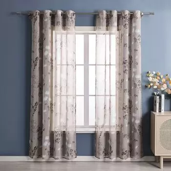 Люверсы для штор Joyswahl, современная штора-вуаль (1 шт.) с ботаническим узором, прозрачная, для спальни, гостиной, коричневая, В x Ш 175 x 140 см, коричневый