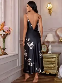 Luxe Nights Атласная пижама, цветочный узор, майка, длинные брюки Shein, черный