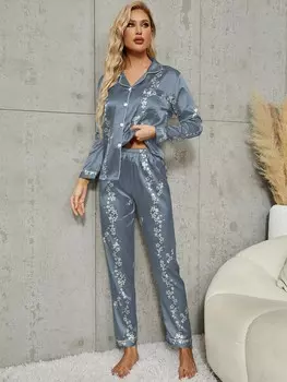 Luxe Nights Комплект рубашки и пижамы из атласной ткани с цветочным принтом и украшена концами ткани разного цвета Shein, пастельно-синий