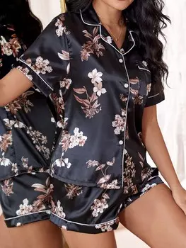 Luxe Nights Ночная рубашка / Пижама с цветочным принтом Изготовлен из атласной ткани с контрастной отделкой Shein, мультиколор