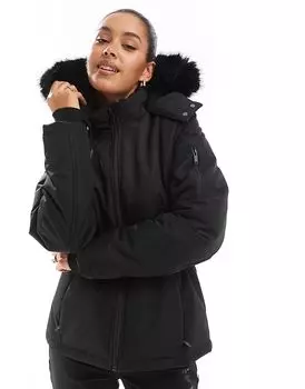 Лыжное пальто с поясом и капюшоном из искусственного меха черного цвета Threadbare